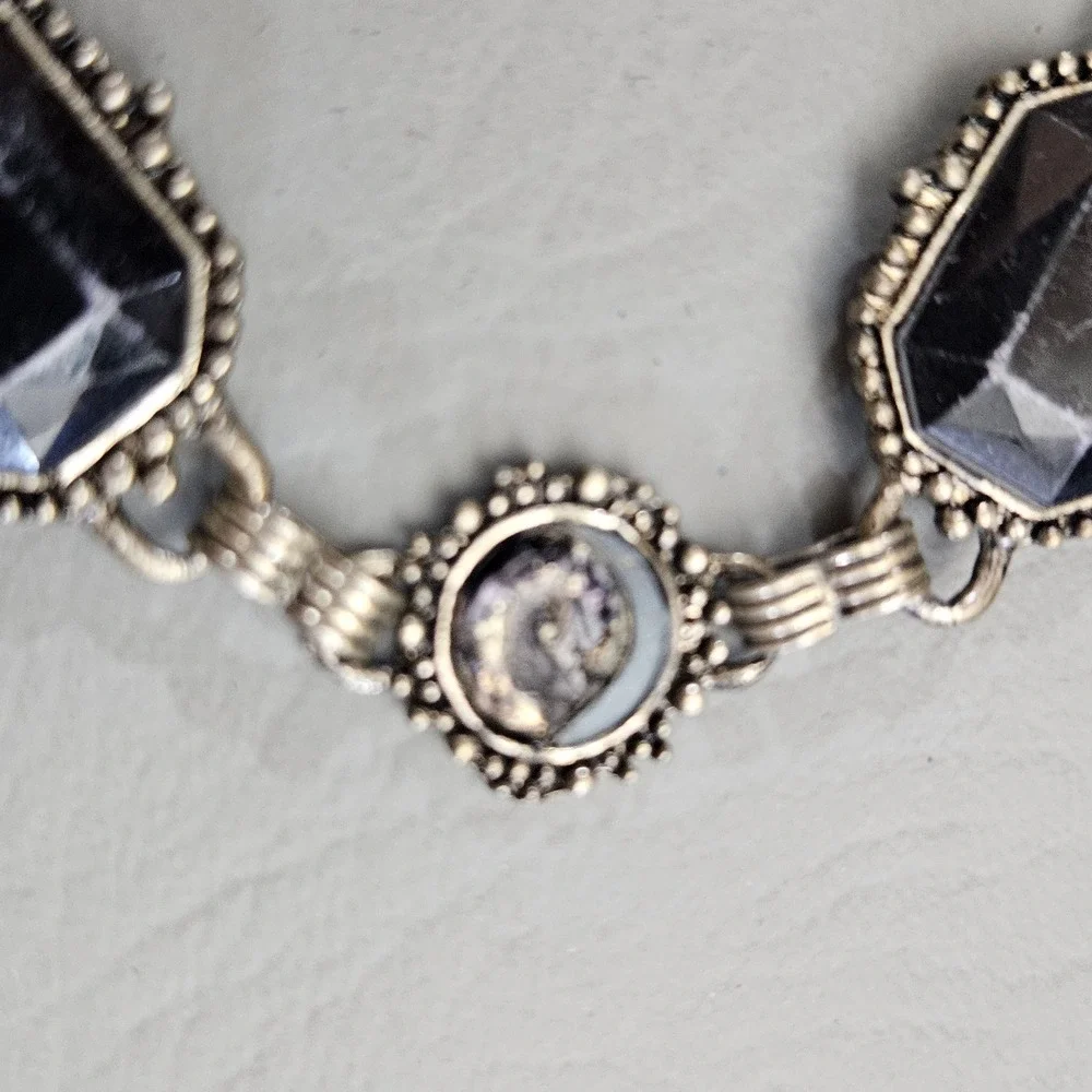 Vintage Style Black Stone Chain Belt Antiqued Silver Tone Adjustable Goth Boho
